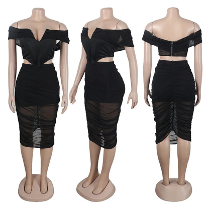 Slimming Mesh Splice Bum Covering Visibility Elastic Off-Shoulder 2-Piece Set European And American Style