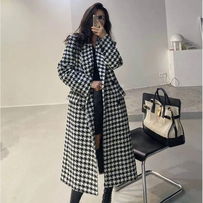 Women Autumn Winter Woolen Coat 2025 New Women Double Breasted Coat Korean Houndstooth Mid-Length Woolen Coat Lady Winter Jacket