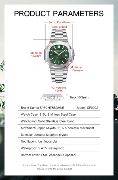 New Specht&Sohne Men's Watches Mechanical Watch Japan Miyota 8215 Movt Rose Gold Stainless Steel Classic 5711 Watch Waterproof