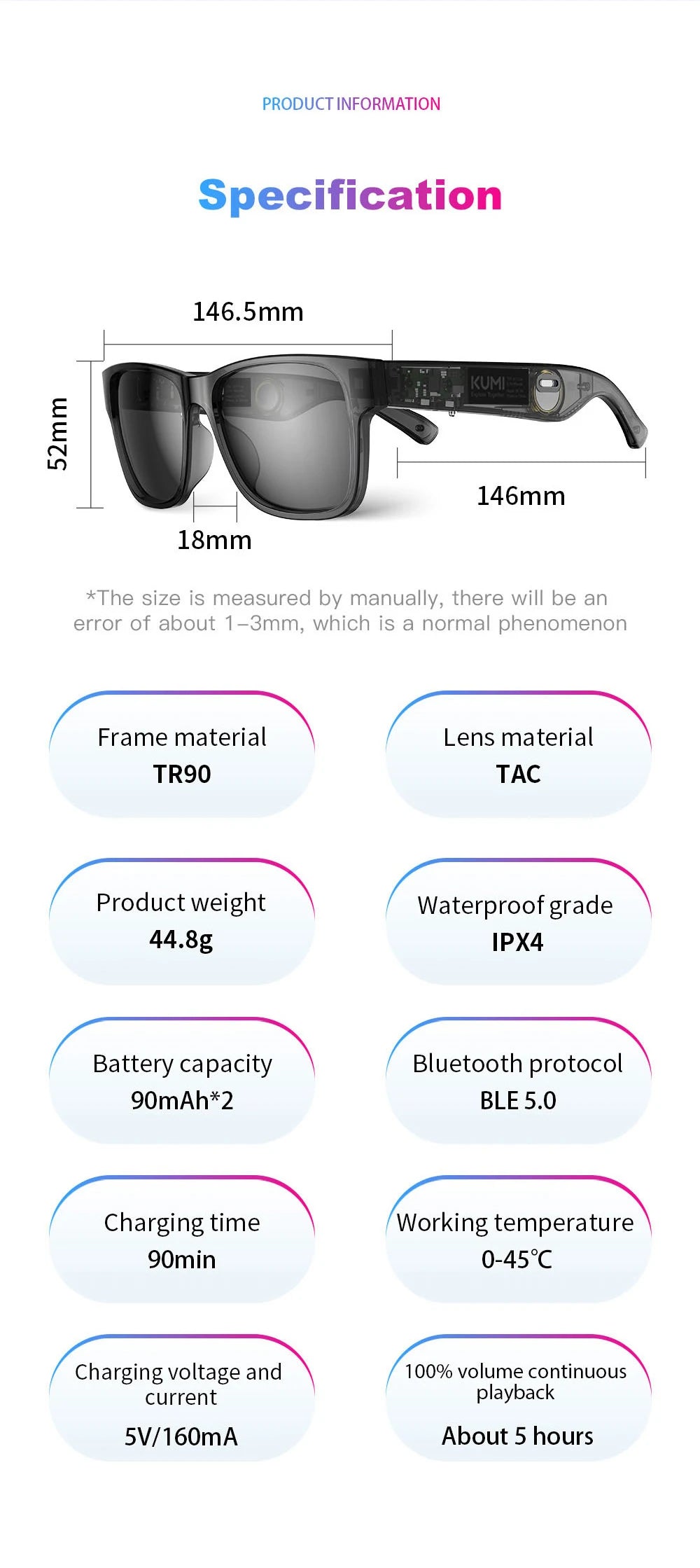 KUMI Meta V1 Smart Glasses IPX4 Waterproof Bluetooth glasses Bluetooth Call 5.0 listen to the music last for about 8 hours Blue