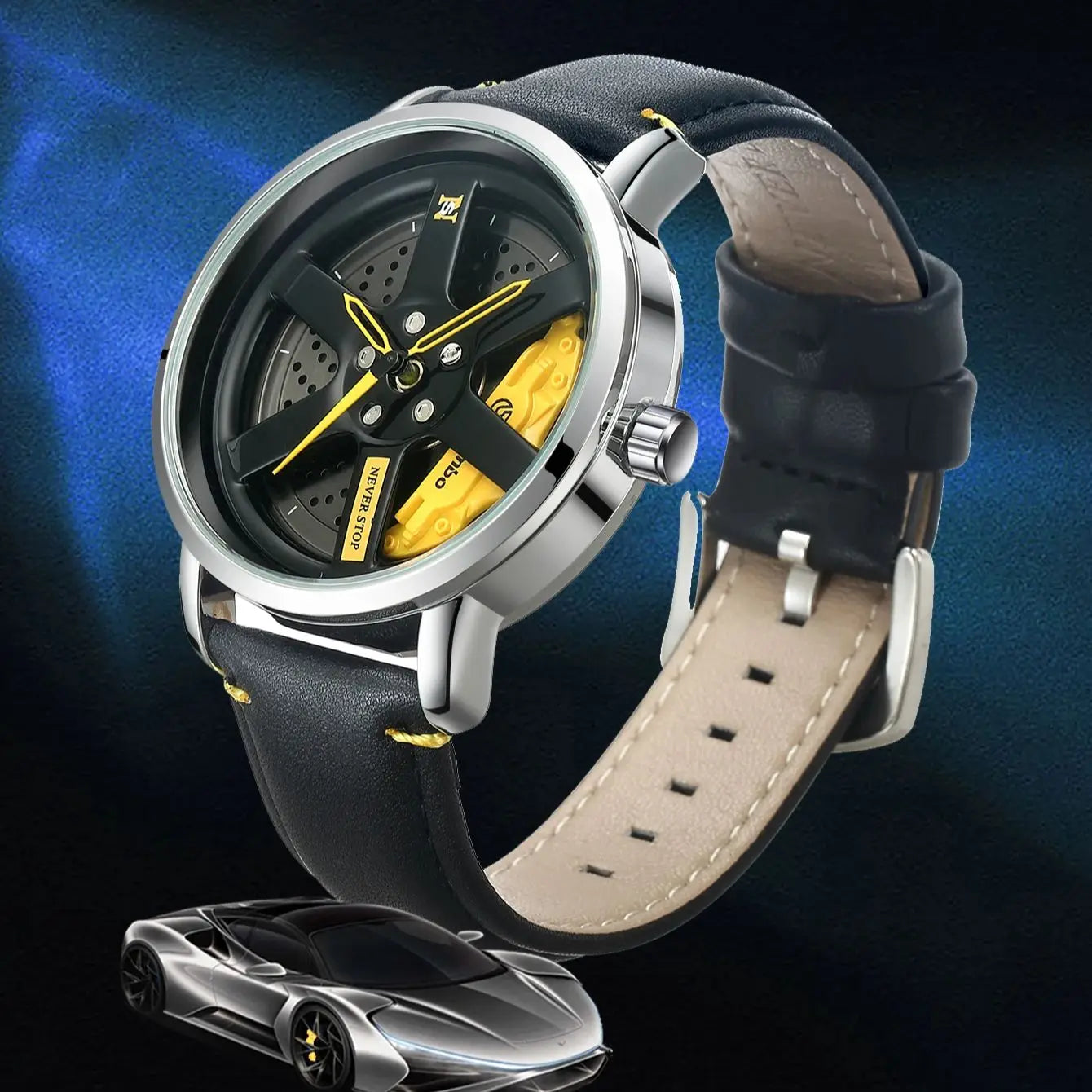 NS Men's Car wheel hub watch Minimalist Fashion Sports Watch Calendar Leather casual Quartz watch