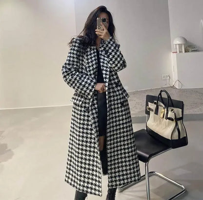 Women Autumn Winter Woolen Coat 2025 New Women Double Breasted Coat Korean Houndstooth Mid-Length Woolen Coat Lady Winter Jacket
