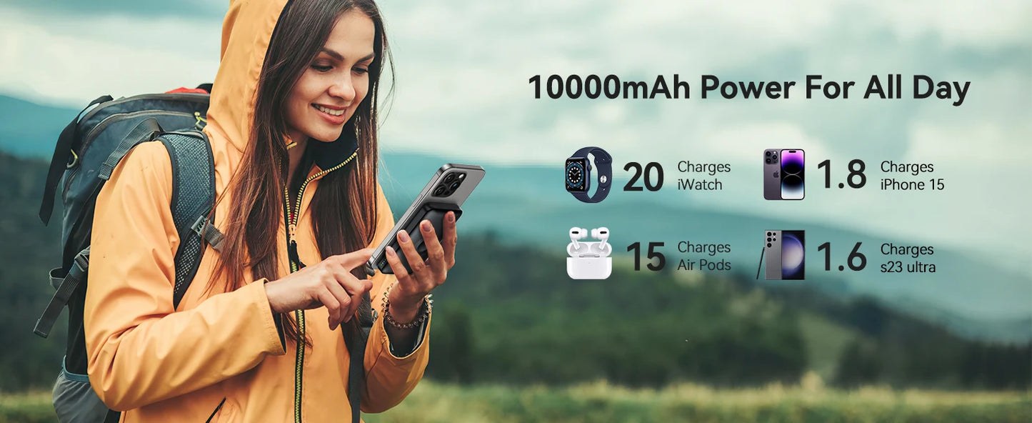 10000mAh Magnetic Wireless Power Bank for Apple Watch /9/8/7/6/5/4/Ultra 2 iWatch Battery Pack For iPhone 16/15,Galaxy