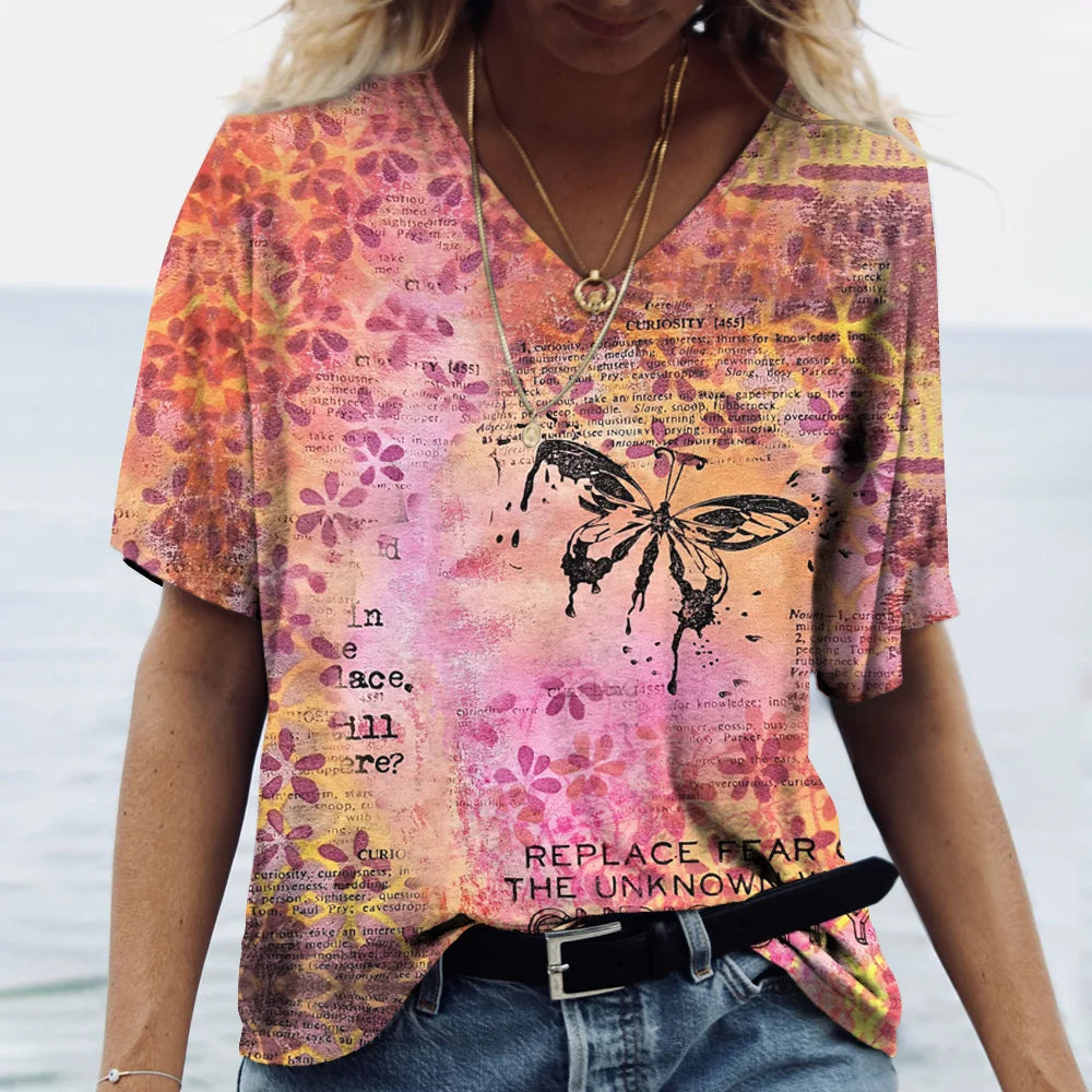 Summer Women's T-Shirt Vintage Casual Fashion V Neck Pullover Short Sleeve Butterfly Print Loose Daily Tops Design Clothing