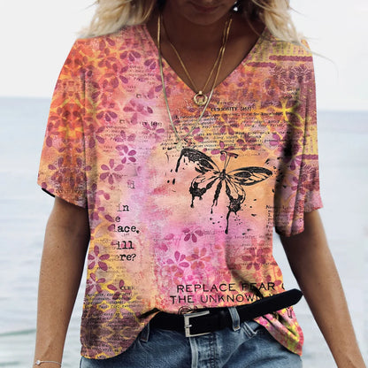 Summer Women's T-Shirt Vintage Casual Fashion V Neck Pullover Short Sleeve Butterfly Print Loose Daily Tops Design Clothing
