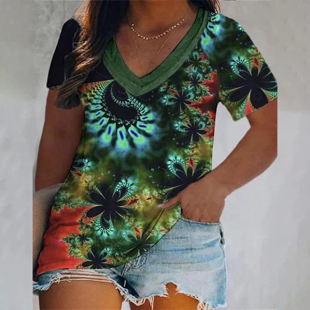 Colorful Tassels Print T-Shirt Fashion Women's Short Sleeve V-Neck T-Shirt Summer Casual Elegant Women's Large Size T-Shirt