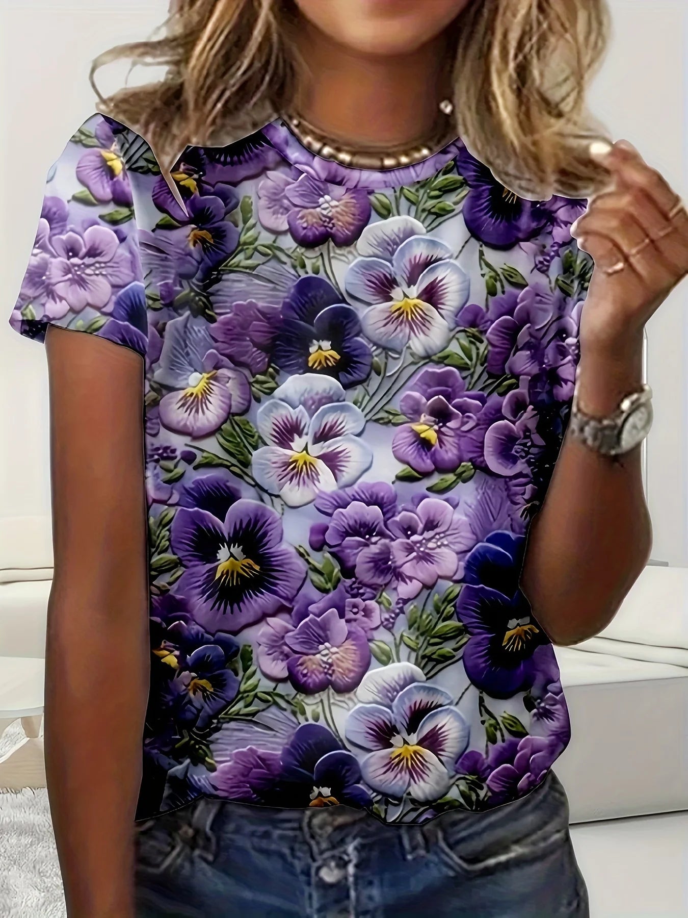 Colorful Rose Flower Print Round Neck Women's T-shirt Summer Versatile And Refreshing Y2K T-shirt