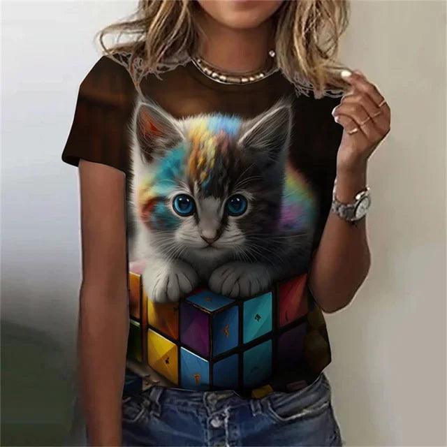 T-shirt 3D Printed Kawaii Cat Pattern Short Sleeved Round neck Top Summer Outdoor Casual Street Simple Clothing