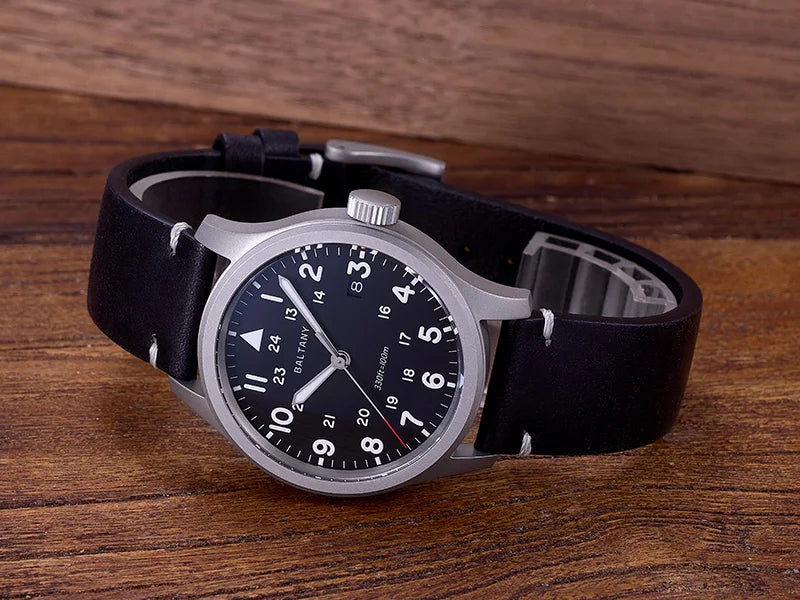 Baltany Men Quartz Field Watch S2082 10-Year Life Battery Luminous Leather Sapphire Stainless Steel Date Retro Military Watches