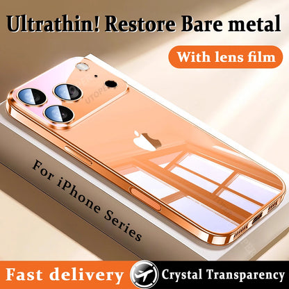 Plating Transparent with Lens Film Case for iPhone 17 Air 17 16 15 14 13 12 11 Pro Max Plus Anti-fall Damping Cover