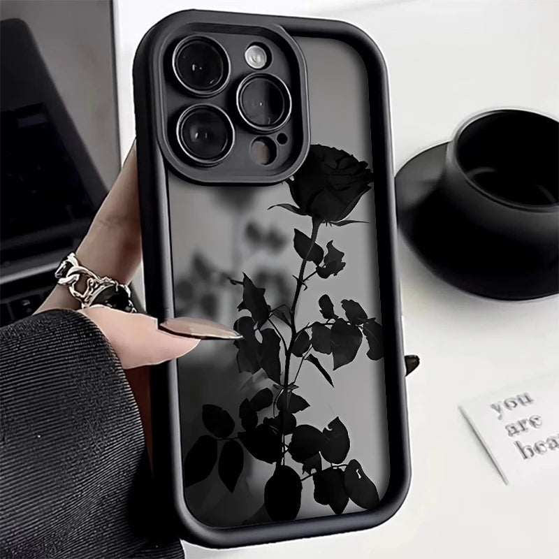 Minimalist Black Rose Pattern Phone Case For iPhone 17 16 15 14 Pro Max 13 12 11 XS X XR 8 Plus 16e 17 Air Shockproof Soft Cover