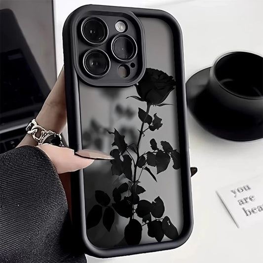 Minimalist Black Rose Pattern Phone Case For iPhone 17 16 15 14 Pro Max 13 12 11 XS X XR 8 Plus 16e 17 Air Shockproof Soft Cover