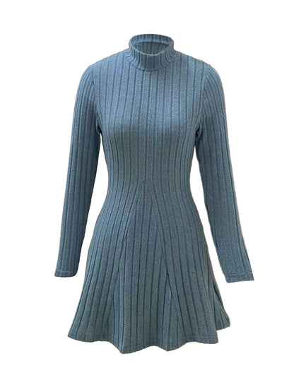Women's slim fit half high collar waist cinched A-line skirt long sleeved pit stripe dress