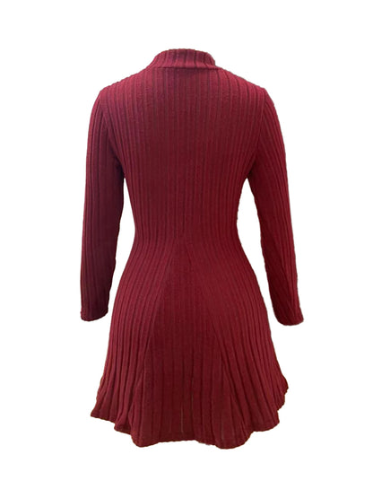 Women's slim fit half high collar waist cinched A-line skirt long sleeved pit stripe dress