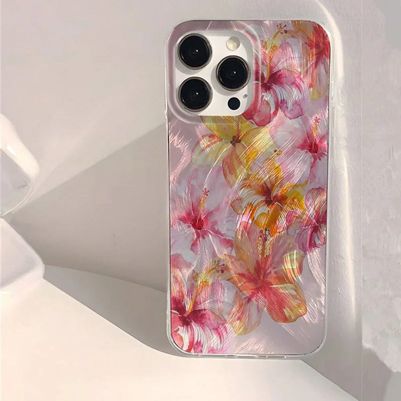 Shiny Phone Case For iPhone 17 16 15 14 13 12 11 Pro Max 16E 14 Plus 17 Air CWatercolor Hibiscus Flower Pattern Hard Cover