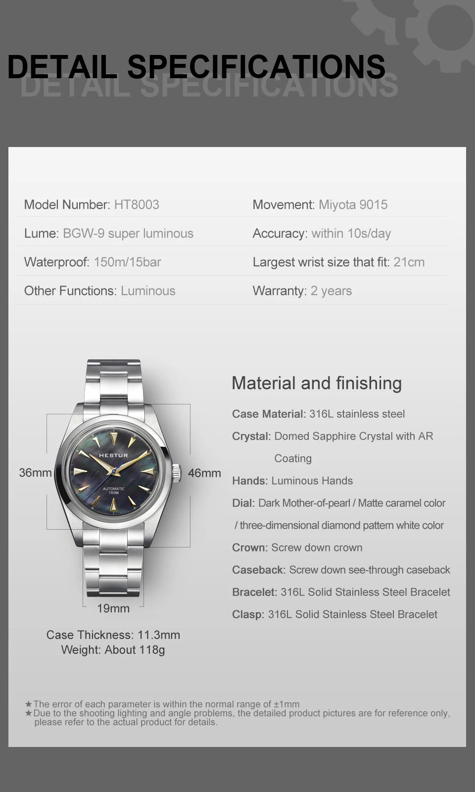 Hestur Luxury Men's Watch Automatic mechanical 36mm Miyoda 9015 15Bar Waterproof Vintage reloj hombre Sapphire Glass wrist Watch