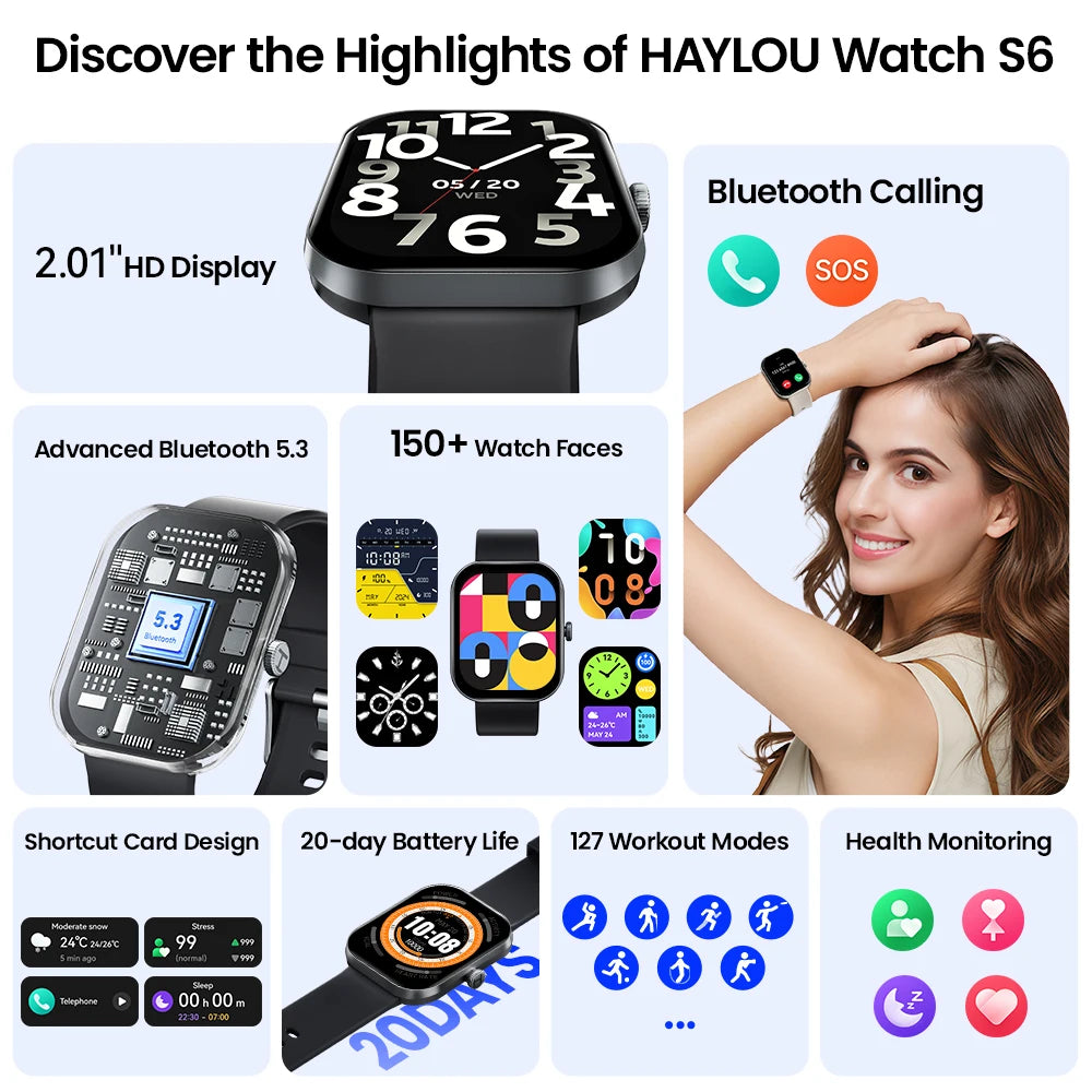 HAYLOU Watch S6 Voice Calling Smart Watch Men Health Monitoring IP68 Waterproof Smart Notifications Voice Assistant Smartwatch