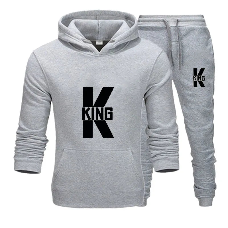 Fashion Lover Couple Clothing Sportwear Set KING QUEEN Printed Hooded Clothes 2PCS Set Women Hoodie and Pants Suit Hoodies