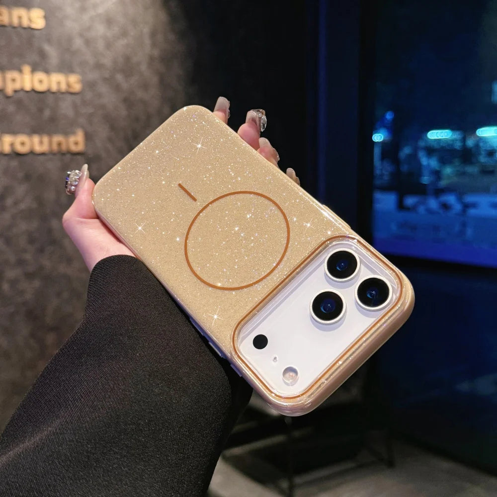 Luxury Glitter Bling Ultra Thin Phone Case For iPhone 17 16 15 14 Plus 17 Pro Max Magsafe Wireless Charge Shockproof Hard Cover