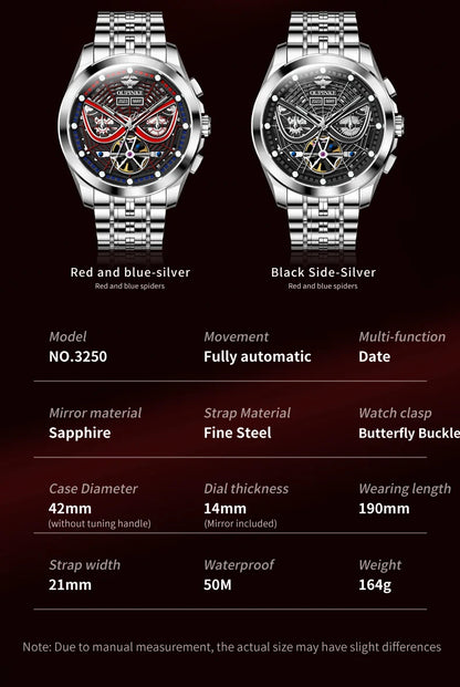 OUPINKE 3250 Original Men's Watch Deep Waterproof 3D Skeleton Stainless steel Automatic Mechanical Wristwatch Men Official Watch