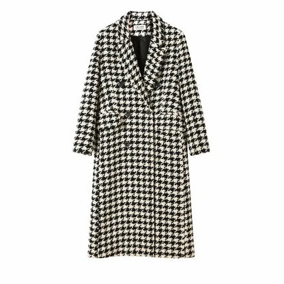 Women Autumn Winter Woolen Coat 2025 New Women Double Breasted Coat Korean Houndstooth Mid-Length Woolen Coat Lady Winter Jacket