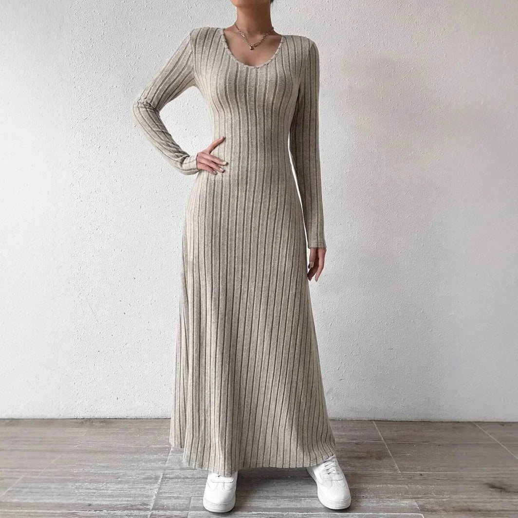 Knitted Long Sleeve A- Line Streetwear Dress For Women Smooths And Slims Your Silhouette Solid Color Long Dress