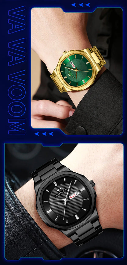 VA VA VOOM Men Watch Fashion Silver Black Stainless Steel 41mm Casual Business Style Week 3Bar Waterproof Sports Quartz Watches