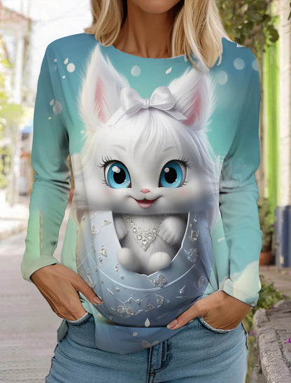 Long Sleeve 3D Printed Kitten Cute Print T-Shirt Women's Streetwear Round Neck Long Sleeve