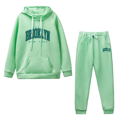 Women's Autumn Winter Casual Sports Jogging Suits Green Brooklyn Printed Hoodies and Sweatpants Girls Urban Fashion Warm Outfits