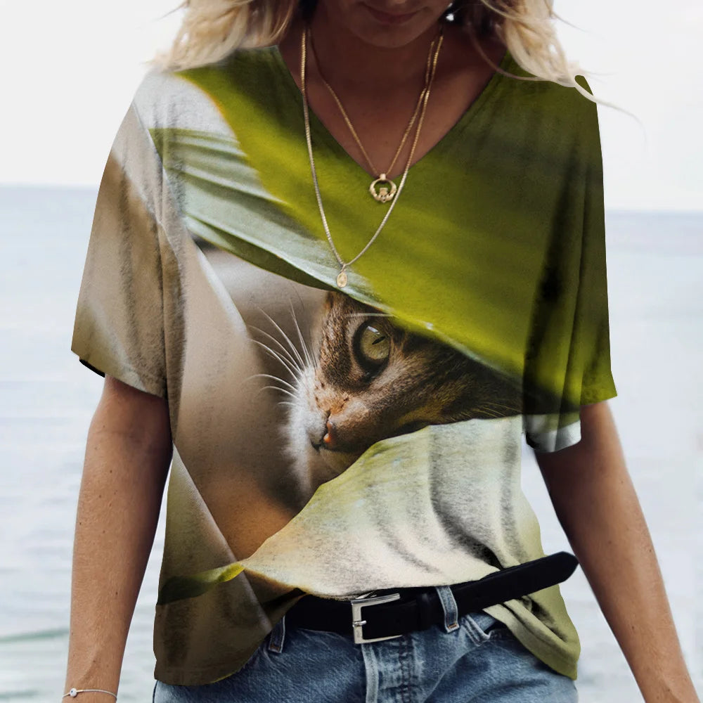 T-shirt Cat Print Short Sleeve Clothes Female Harajuku Tees Ladies T Shirt Oversized Tops Animal Women Clothing