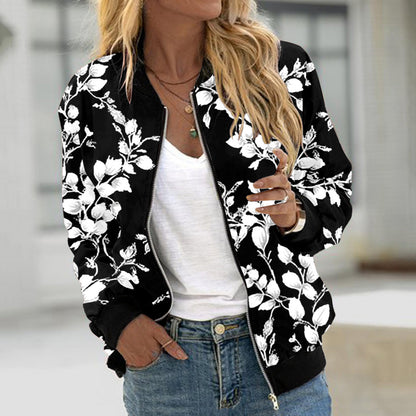 Autumn Bomber Jacket For Women Fashion Flower Print Outwear Stand Collar Zipper Baseball Coat Elegant Slim Basic Ladies Jackets