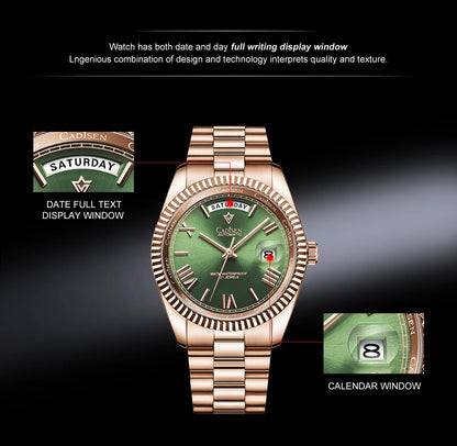 CADISEN New Week Calendar Type watch for men Sapphire mirror 10ATM Automatic Watch MIYOTA 8285 Business Mens All Steel Watches