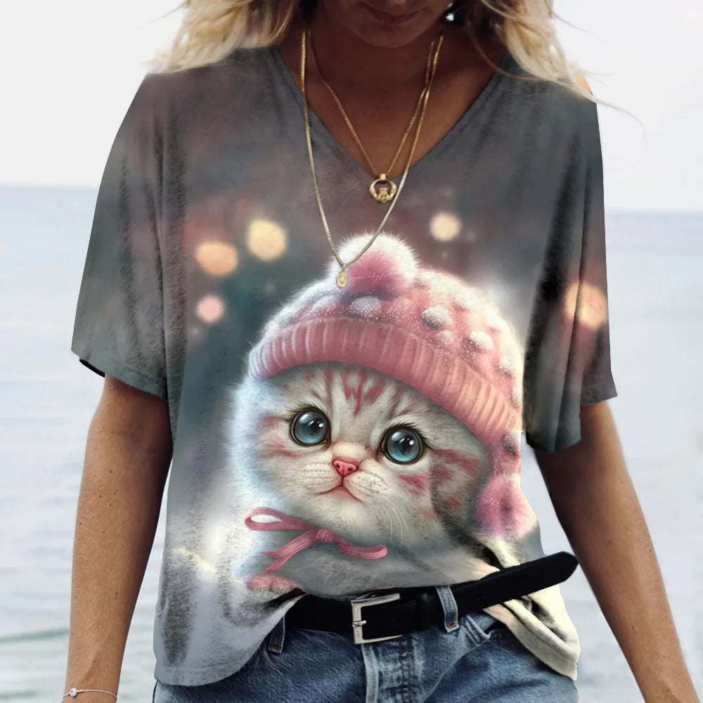 T-shirt Cat Print Short Sleeve Clothes Female Harajuku Tees Ladies T Shirt Oversized Tops Animal Women Clothing