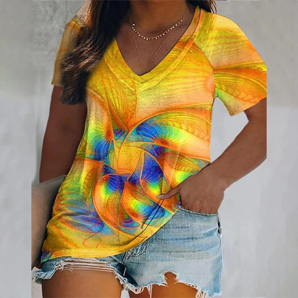 T Shirts 3d Butterfly Print Short Sleeve V-neck Tops Tees Summer Fashion Casual Gradient Girls Oversized Pullover