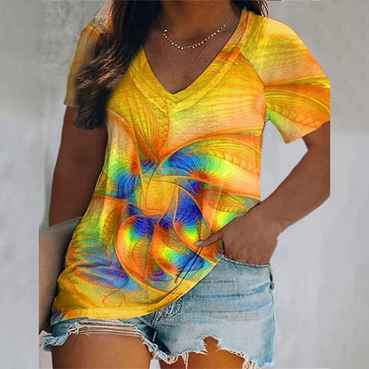 T Shirts 3d Butterfly Print Short Sleeve V-neck Tops Tees Summer Fashion Casual Gradient Girls Oversized Pullover