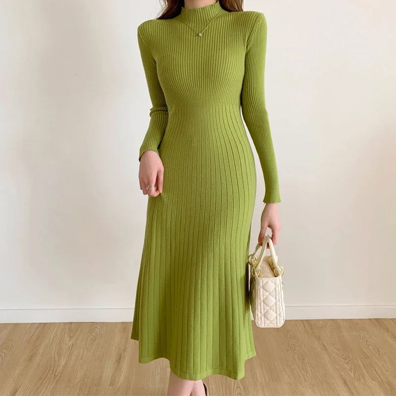 Slim Long Sleeve Party Midi Dress for Women Knitted Half High Collar Elegant Knitted Sweater Dresses Ladies