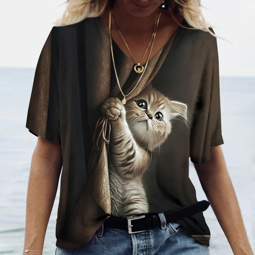 T-shirt Cat Print Short Sleeve Clothes Female Harajuku Tees Ladies T Shirt Oversized Tops Animal Women Clothing