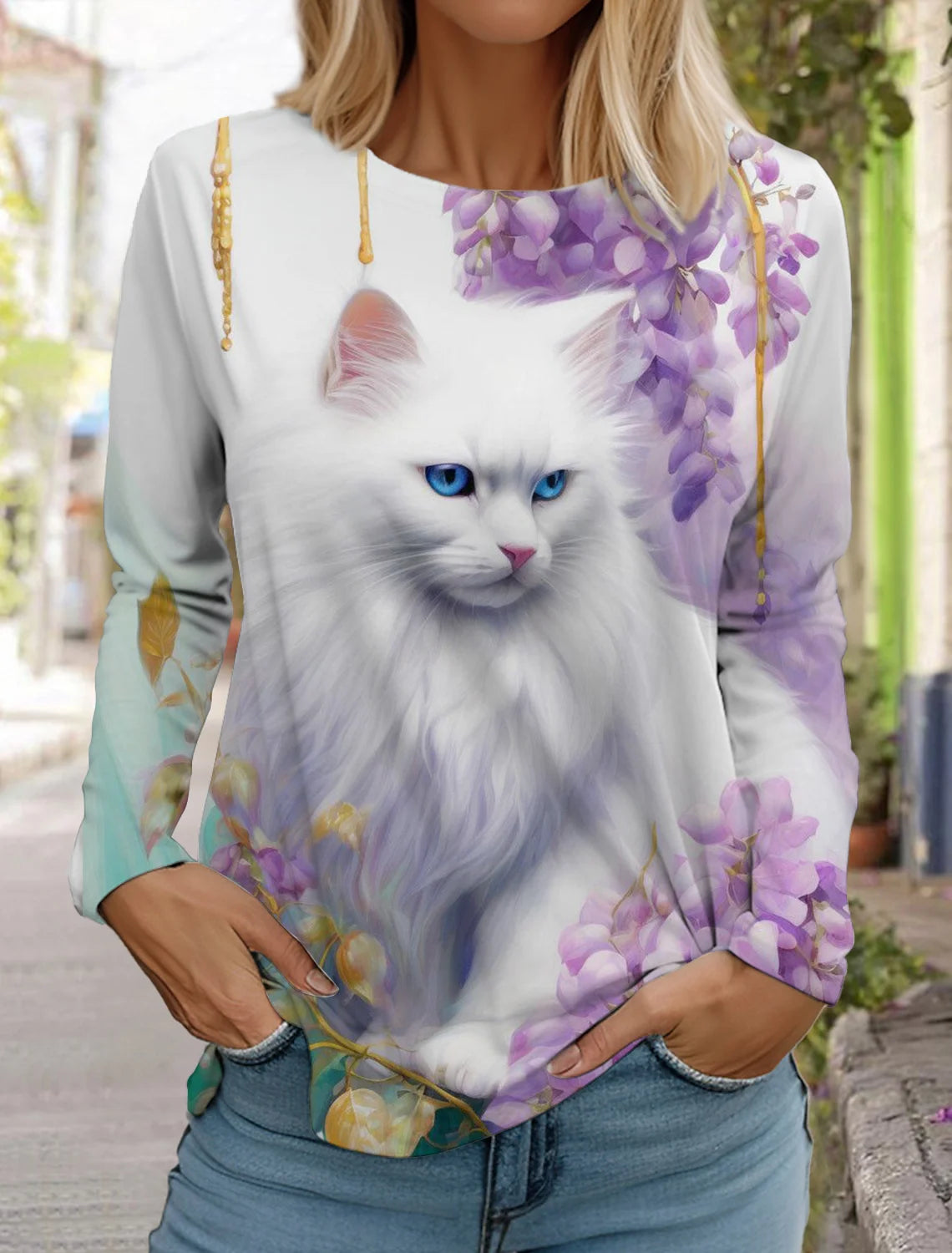 Long Sleeve 3D Printed Kitten Cute Print T-Shirt Women's Streetwear Round Neck Long Sleeve