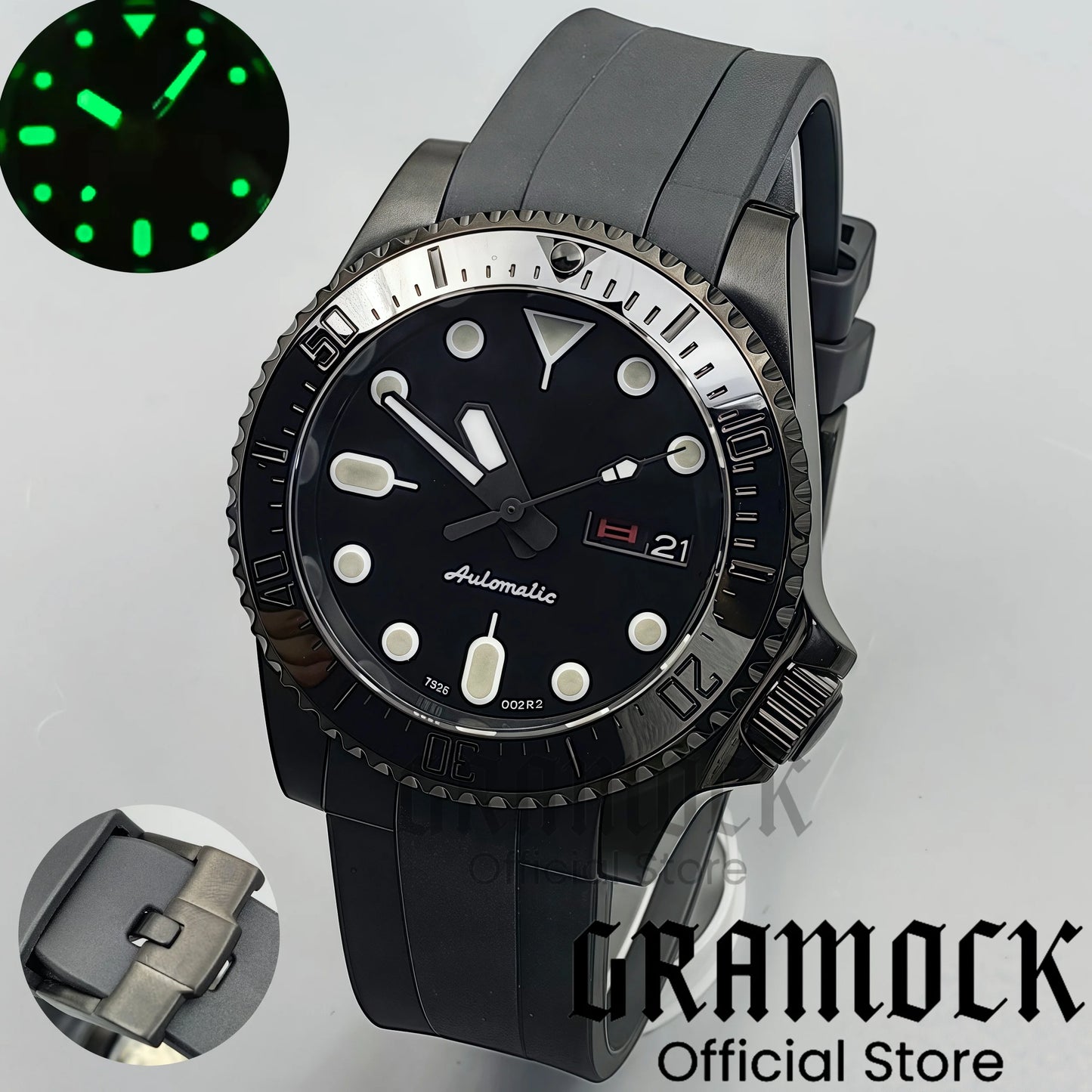 Gramock 40mm Men's Watch NH36 Movement Week-day Display Function Full Black Dial PVD Case Curved End Rubber Strap Waterproof