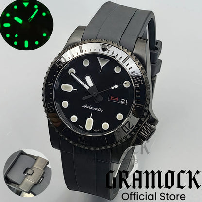 Gramock 40mm Men's Watch NH36 Movement Week-day Display Function Full Black Dial PVD Case Curved End Rubber Strap Waterproof