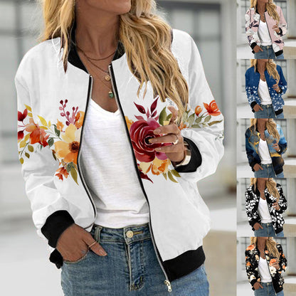 Autumn Bomber Jacket For Women Fashion Flower Print Outwear Stand Collar Zipper Baseball Coat Elegant Slim Basic Ladies Jackets