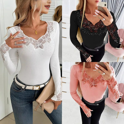 Women's T-Shirt Clothes New Solid Color Collar and Cuffs Splicing Lace Lace Rhinestone Long-sleeved T-shirt Tops Female