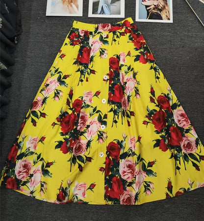 Elegant rose print sexy short tube top suspender top summer new female two-piece high waist pocket button big skirt fashion suit