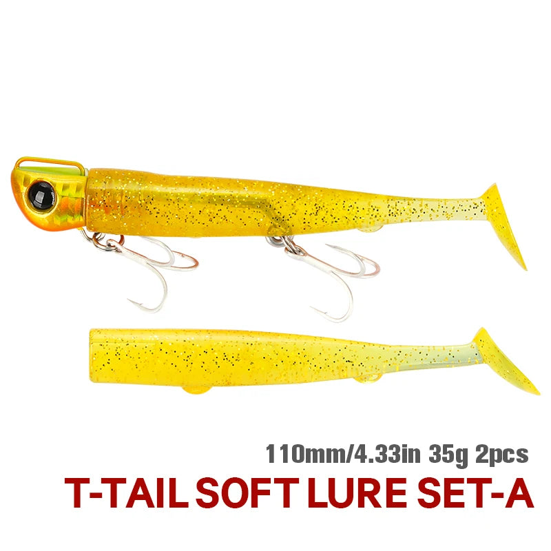 Jig Head Soft Fishing Lure 110mm 35g Long Casting Sea Bass Flounder Soft Body Swimbait Set With Saltwater Treble Hook