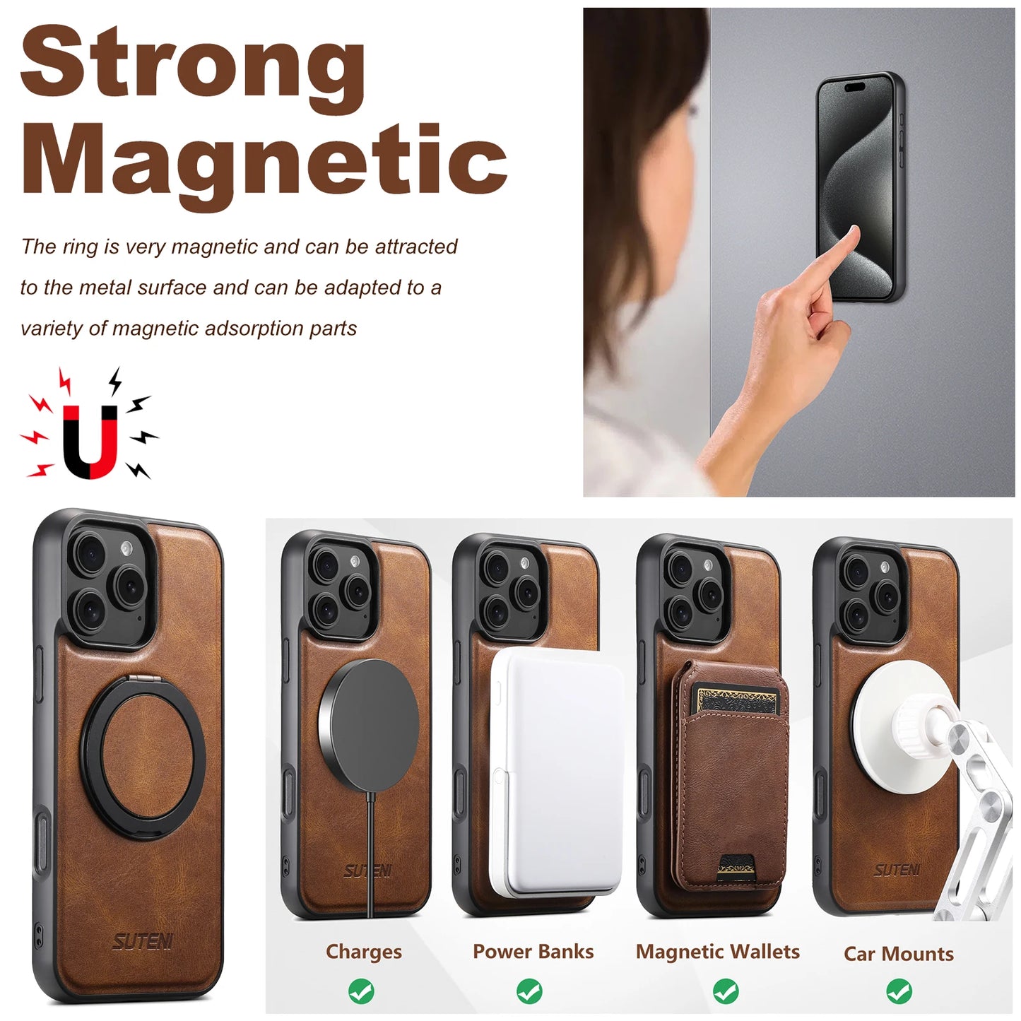 Strong Magnetic Compatible MagSafe Wireless Charging 360° Rotating Ring Stand PU Leather Phone Case For iPhone 17 16 15 14 13 12