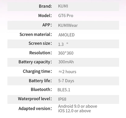 KUMI GT6 Pro 1.3" 360*360 AMOLED Smart watch 100+Sport Modes IP68 waterproof Bluetooth call Sleep Healthy Monitor for iOSAndroid