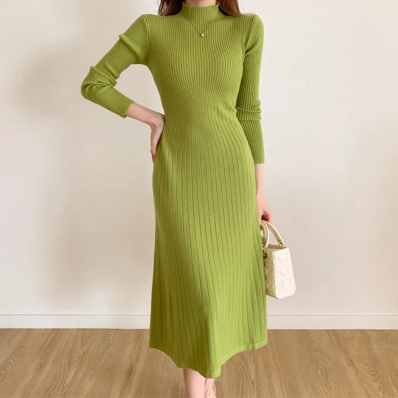 Slim Long Sleeve Party Midi Dress for Women Knitted Half High Collar Elegant Knitted Sweater Dresses Ladies