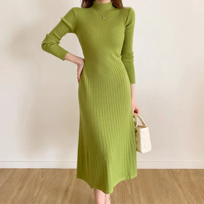 Slim Long Sleeve Party Midi Dress for Women Knitted Half High Collar Elegant Knitted Sweater Dresses Ladies