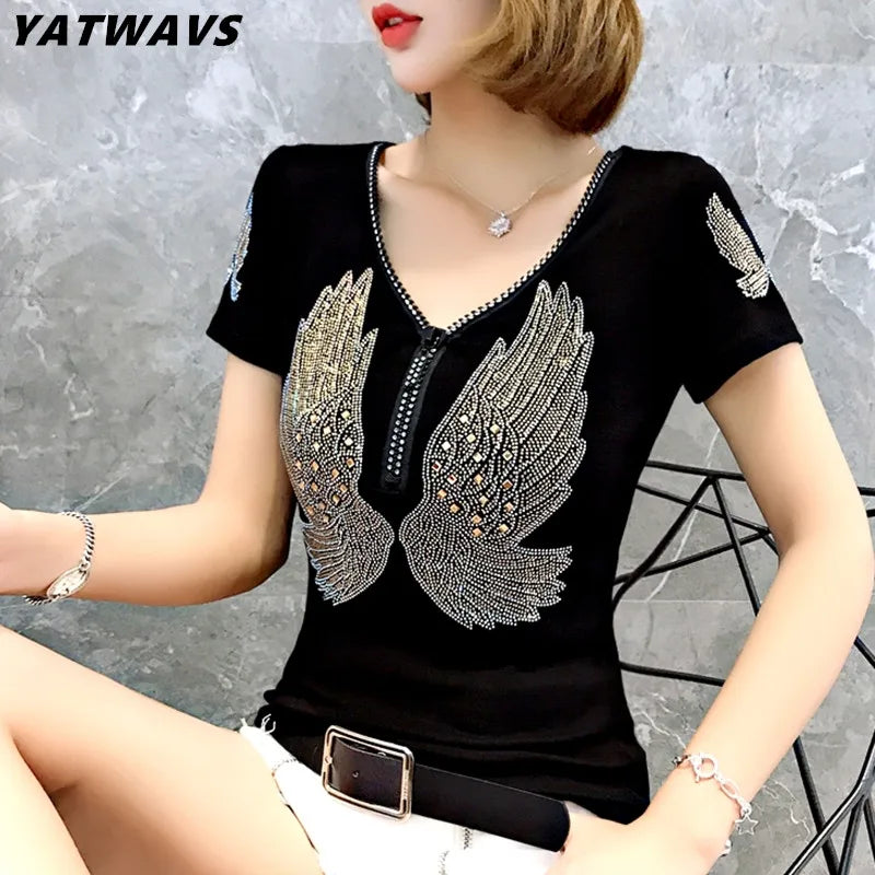 T-shirt For Summer Short Sleeve Pulovers Clothes Casual Aesthetic Cotton Tops Sexy V Neck Zipper Diamonds Tees