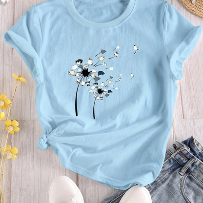 T-shirt Summer Fashion Short sleeved Top Flower Print Loose Clothing Women's Party T-shirt